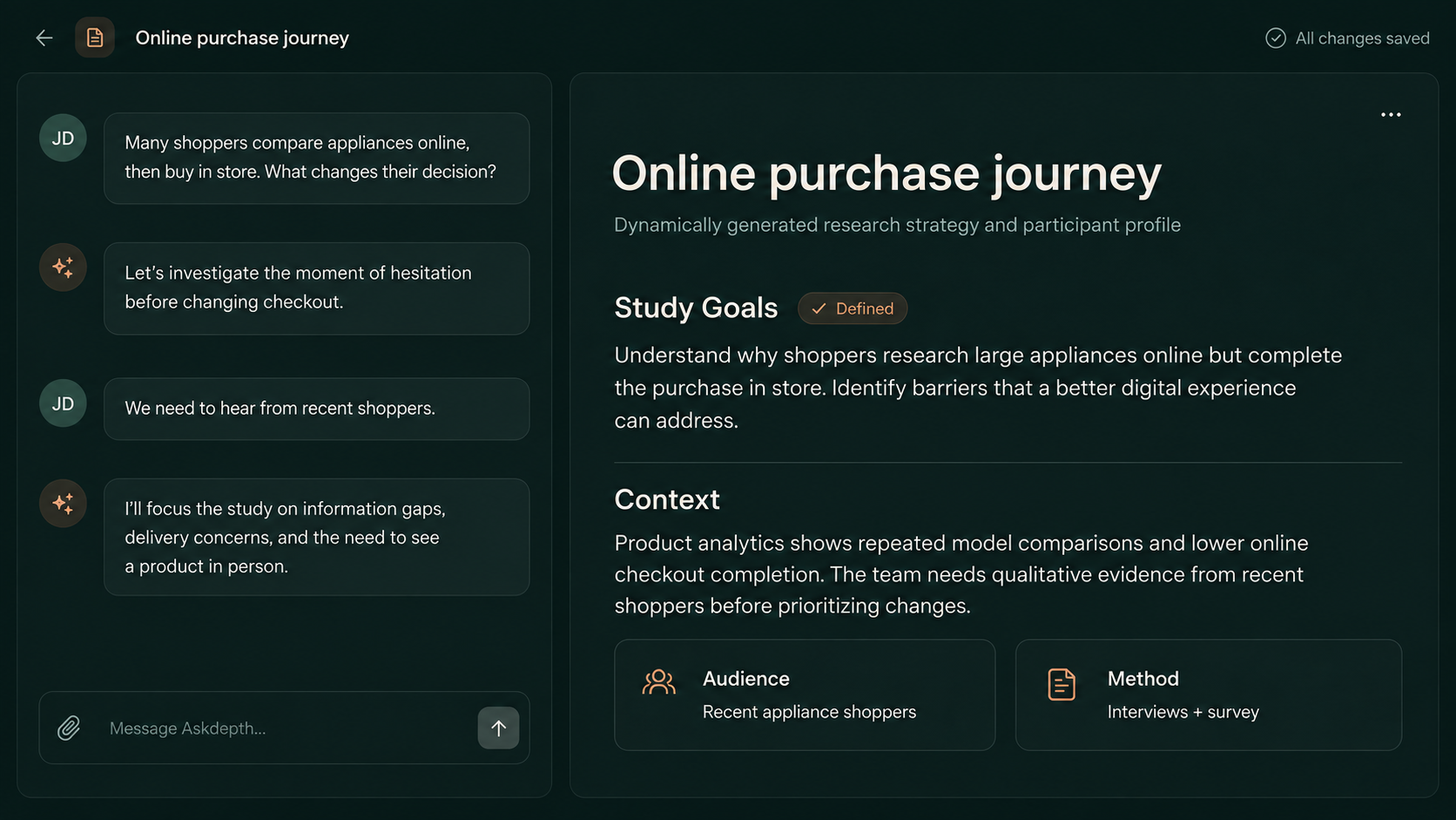 Askdepth research briefing screen for an online purchase journey study, showing an English AI conversation beside a structured study brief